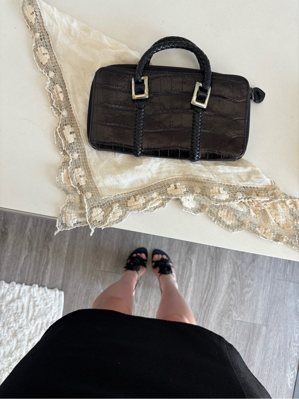 Vintage Black Croc-Embossed Mini Top-Handle Bag